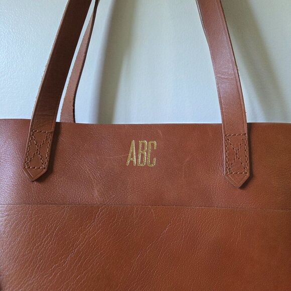 LIKE NEW MADEWELL ABC GOLD STAMPED GENUINE LEATHER SLING TOTE MED-LARGE - Picture 6 of 16